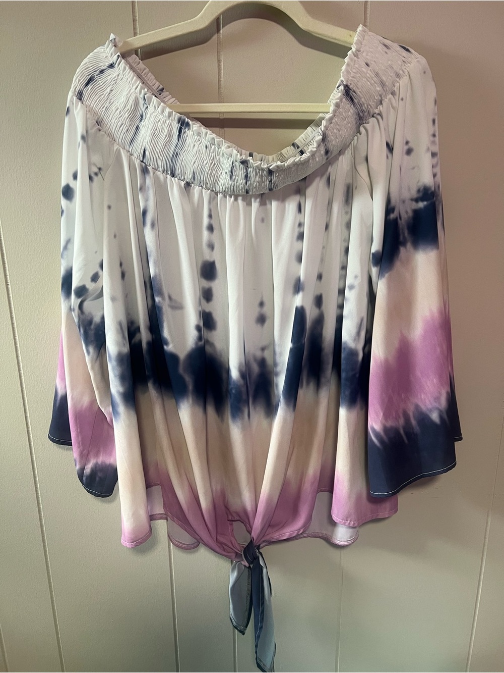 Tie-Dye Off-Shoulder Tunic with Front Tie - White, Black, Pink